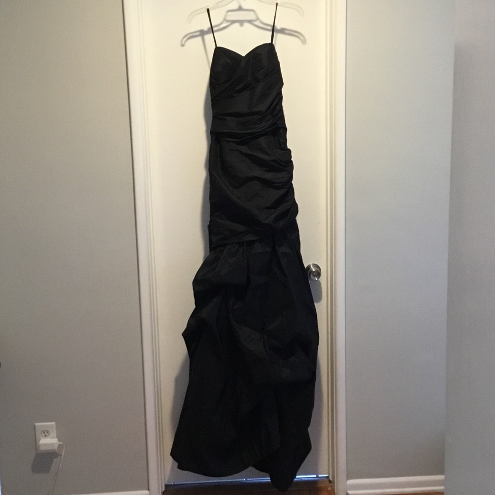 Black Strapless Ruching Maxi Gown with Spaghetti Straps